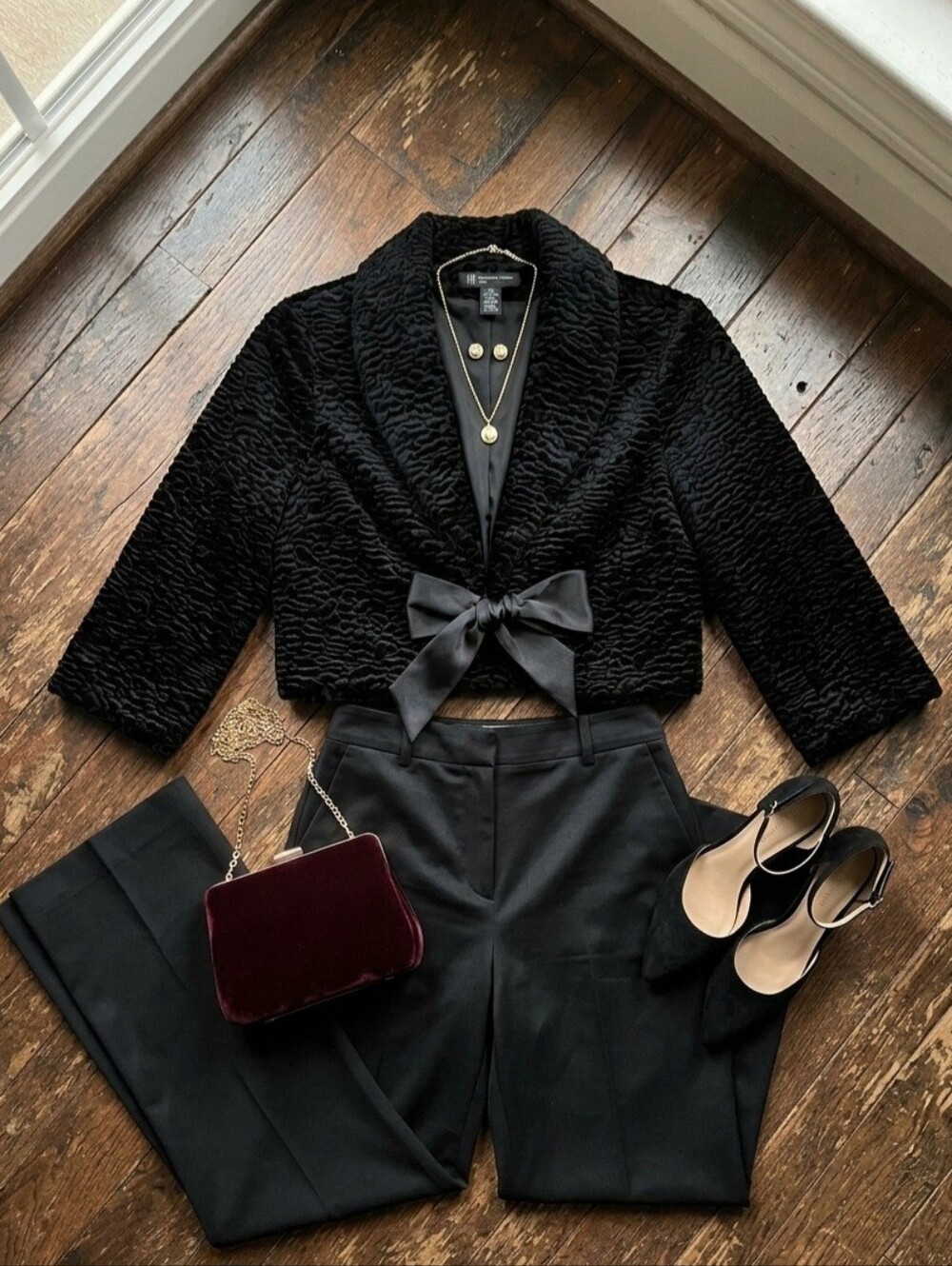 INC Black Textured Faux Fur Cropped Jacket Bow Closure Petite P